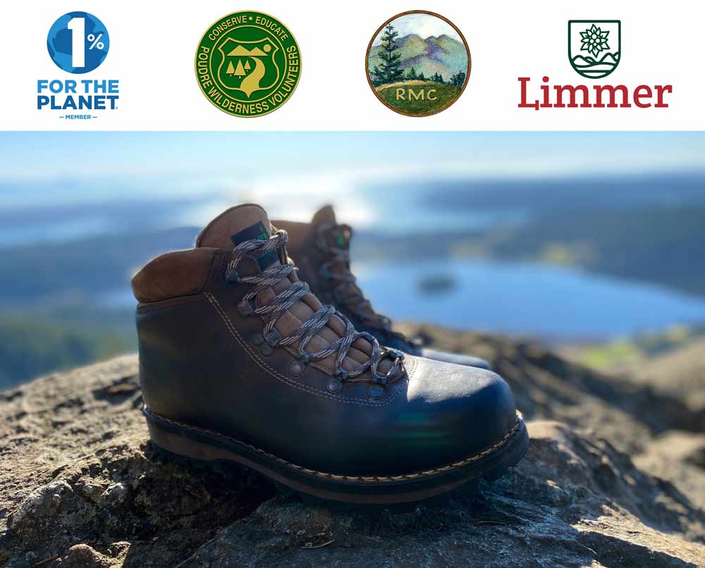 Limmer Leather Hiking Boots on mountaintop with 1% for the planet logos